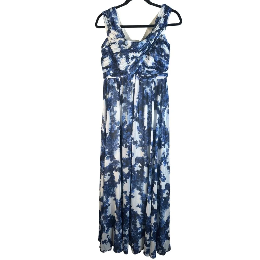 Shoshanna Midnight Women's Blue White Floral Pleated Chiffon Maxi Gown Size 6